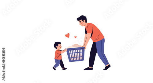 A loving father and son work together carrying a laundry basket, illustrating family teamwork and bonding during everyday chores and domestic life.