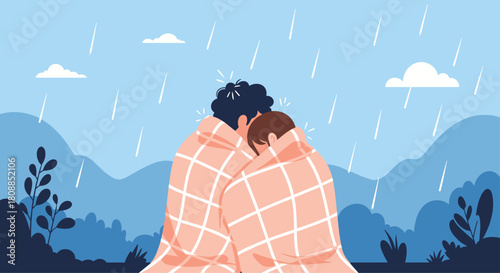 A couple embraces warmly under a plaid blanket while watching the rain fall in a peaceful outdoor setting, finding comfort in each other's company.
