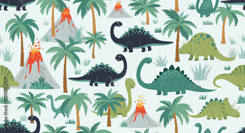 Seamless pattern featuring playful dinosaurs, lush palm trees, and erupting volcanoes on a light background, ideal for children's designs and tropical themes.