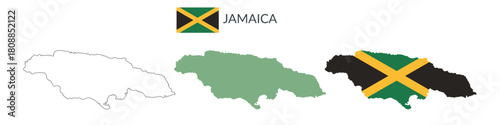 Jamaica geographical borders isolated on white background. Flag of Jamaica. Vector flat cliparts.