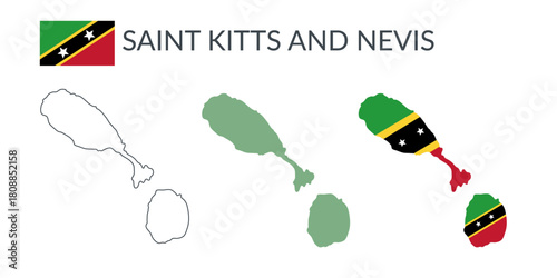 Saint Kitts and Nevis geographical borders isolated on white background. Flag of Saint Kitts and Nevis. Vector flat cliparts.