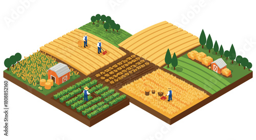 Isometric farming landscape with farmers working on crops and harvesting fields