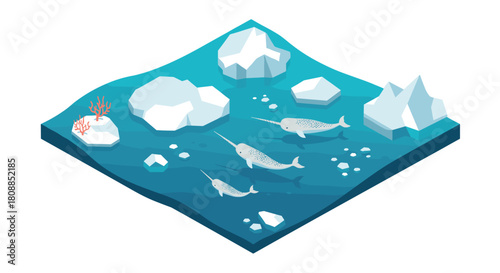 Isometric arctic ocean scene with narwhals and icebergs