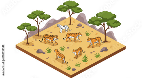 Isometric wildlife habitat with tigers and trees in a natural setting