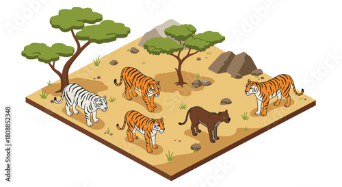 Isometric safari scene with tigers and trees in natural habitat