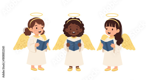 Three adorable young angels singing carols together, each holding a hymn book and wearing white robes and golden halos, festive illustration.