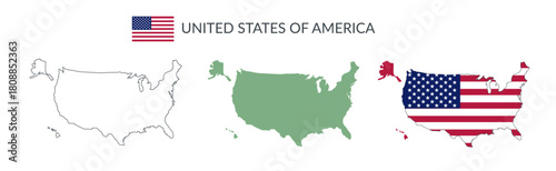 USA geographical borders isolated on white background. Flag of United States of America. Vector flat cliparts.