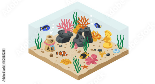 Colorful isometric aquarium with coral reefs and tropical fish
