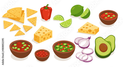 Mexican ingredients set with nachos, salsa, and avocado in isometric style