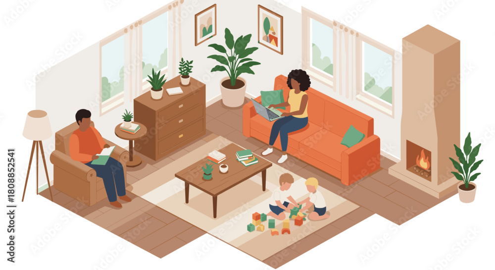 Fototapeta premium Cozy family living room with parents reading and kids playing in a modern isometric design