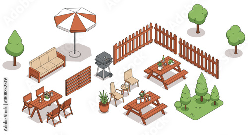 Isometric backyard with furniture and trees for relaxation and outdoor dining