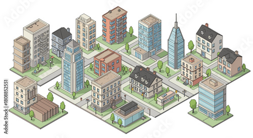 Isometric cityscape with modern buildings and green spaces