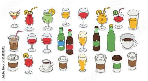 Colorful assorted drinks in glasses and cups with modern outline style