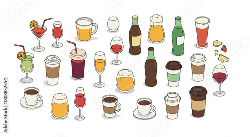 Collection of various drinks in modern cartoon style
