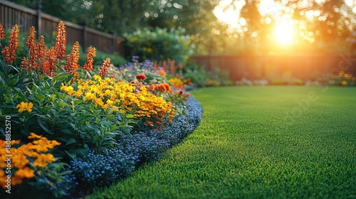 Beautiful garden with colorful flowers and green lawn at sunset.