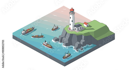 Isometric coastal scene with lighthouse and ships on calm ocean waters