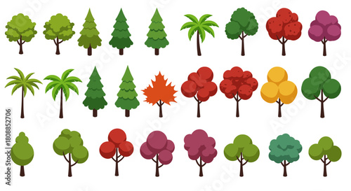 Diverse stylized trees collection in flat design featuring seasonal and tropical variations