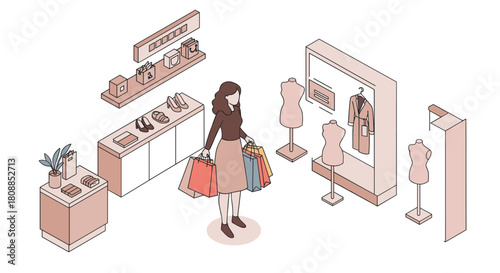 Woman shopping in fashion boutique with mannequins and clothing displays