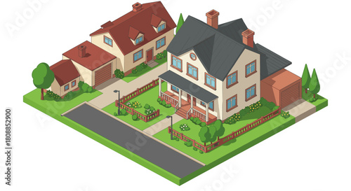 Charming isometric suburban houses with gardens and driveway