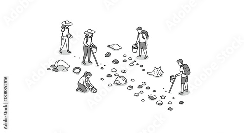Isometric beachcombers collecting seashells on a minimalist shoreline