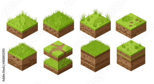 Isometric elements of grass and soil blocks for game design and landscaping