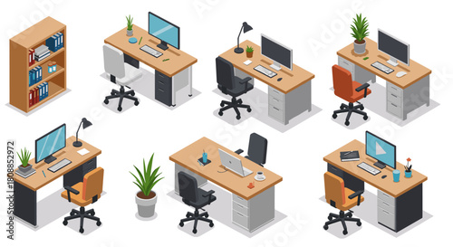 Isometric office desks with computers and plants in modern workspace layout