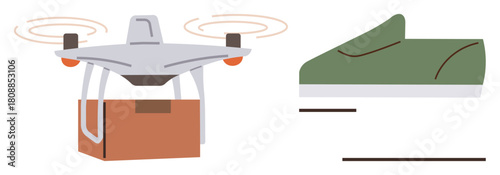 quadcopter carrying a package flying beside a green sneaker. Ideal for delivery, e-commerce, technology, logistics, footwear, innovation, digital transformation. Simple flat metaphor
