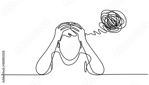 Single line drawing of a person with hands on head and tangled thoughts emanating from head line art