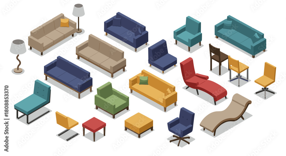 Fototapeta premium Isometric set of modern furniture: sofas, chairs, and tables in various colors