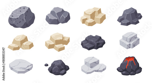 Collection of various rocks and boulders with volcano eruption in modern style
