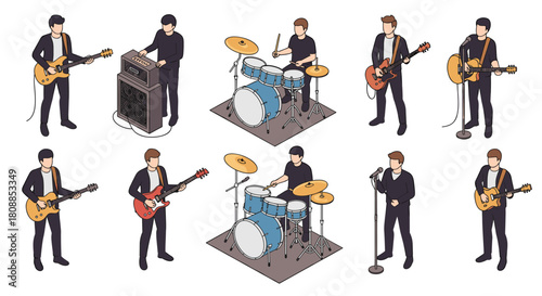 Modern band performing with guitarists, drummer, and singer in isometric style