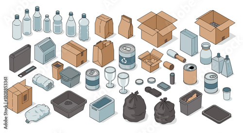 Waste management isometric elements: eco-friendly containers and recycling bins