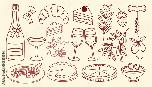 Collection of food and drink icons including champagne bottle and glasses croissant cake pasta pie olives lemons and corkscrew