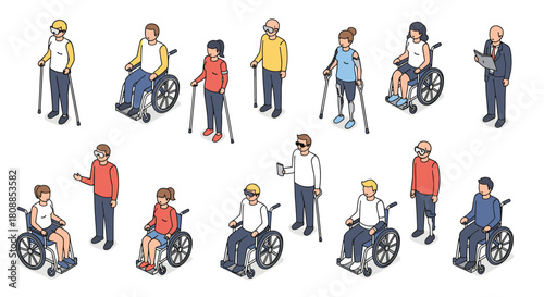 Diverse people with disabilities in various activities in isometric style