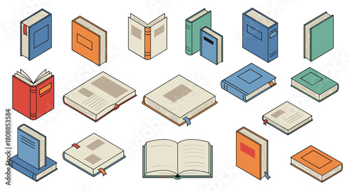 Assorted isometric books collection with diverse colors and styles
