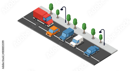 Isometric city street scene with vehicles and streetlights