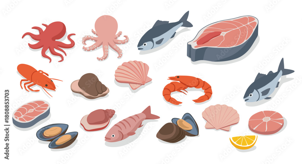 Naklejka premium Assorted seafood collection: fish, shells, octopus, crab, and more in modern flat design