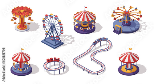 Isometric amusement park attractions set: carousel, ferris wheel, roller coaster, and more