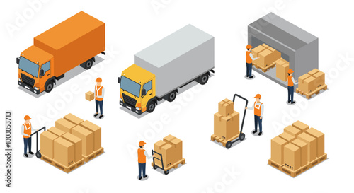 Isometric warehouse logistics with trucks and workers handling packages