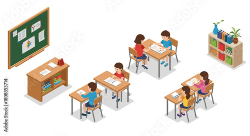 Isometric classroom scene with students and school furniture