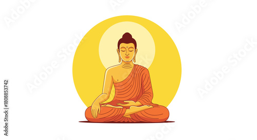 Illustration of Buddha meditating serenely in a lotus position with a golden halo behind him.