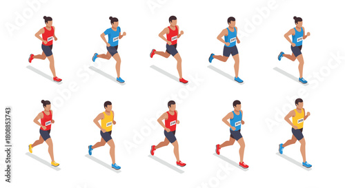 Isometric runners in diverse athletic outfits on white background