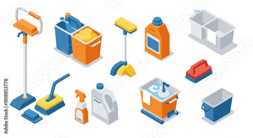 Isometric cleaning equipment set with mops, buckets, and detergents