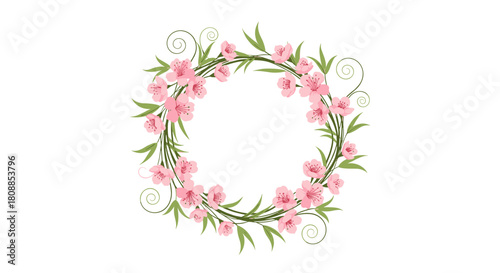 Delicate pink cherry blossom wreath with green leaves and swirling tendrils on a white background.