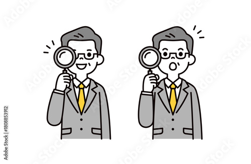 ルーペを持って調べる、スーツを着た中高年の男性のシンプルな上半身ベクターイラスト素材