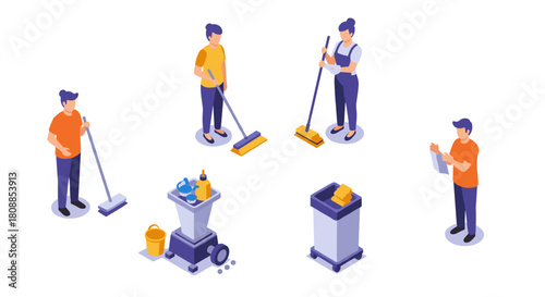 Isometric office cleaning team with equipment in action