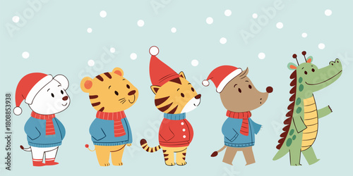 Festive Christmas animal characters in winter clothes and santa hats. Great for holiday cards, kids posters, stickers and seasonal projects. Vector EPS.