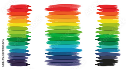 Stacks of colorful crayons in a rainbow gradient arranged vertically against a white background.