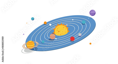 Colorful solar system diagram with simplified orbital paths and planets