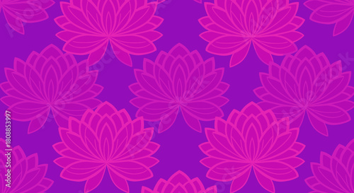Seamless pattern of stylized lotus flowers in shades of pink and magenta on a purple background.